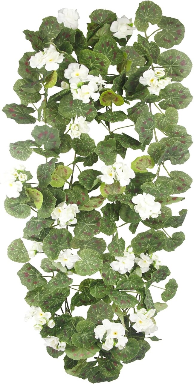 2 Pcs 6 ft Spring & Summer White Geranium Garland – Artificial Floral Vine for Porch, Mantle, Table Centerpiece, Farmhouse, Wedding & Outdoor Decor, UV-Resistant Hanging Flowers